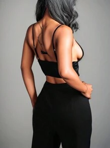 SHEIN Privé 2pcs/set Crop Top & Straight Leg Pants Outfit - Black - View 2