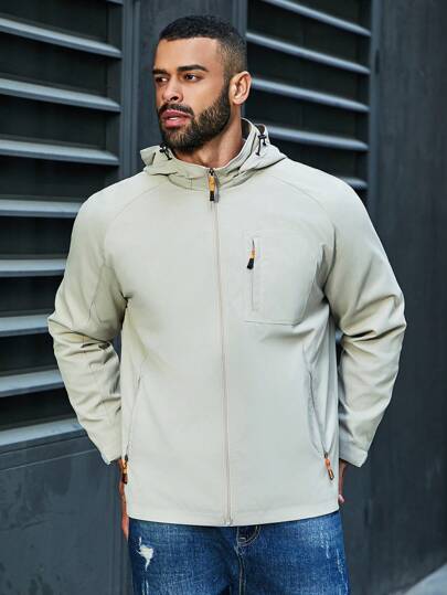 Manfinity Homme Men's Plus Size Raglan Sleeve Zipper Hooded Jacket, Outdoor Windbreaker