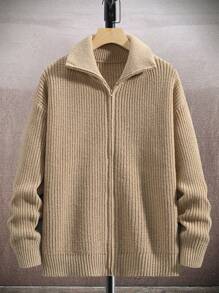 Manfinity Homme Nam Màu thuần Dây kéo Áo cao cổ Dệt kim Áo len Mở - Màu Khaki - Xem 6