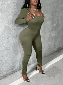 Slaydiva 純色長袖休閒連身褲 - 軍綠色 - 查看 6