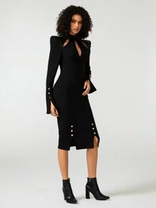 Samanta X Designer Women's Hollow Out Button Detail Slit Cuff Elegant Dress, For Holiday, Party, Birthday Concert Outfits, Festival, Rave Outfits Festival, Wedding, Prom Dress