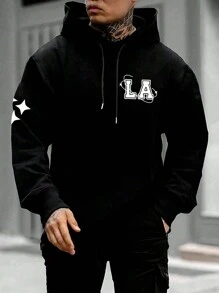 Manfinity Homme Áo hoodie lót nhiệt in chữ cho nam - màu đen - Xem 1