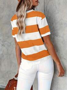 Nueva camiseta casual de manga corta con cuello redondo y estampado de rayas para mujer para el verano, atuendos de verano para mujeres, blusas de ocio para ropa de verano para mujeres, camisetas azul marino diarias de verano para mujer - Naranja - Ver 3
