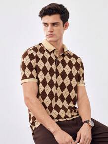 GENTILAND Men's Diamond Check Knitted Casual Short Sleeve Polo Shirt , Button Up Dress Colorful Khaki Work Vintage - Brown - View 4