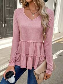 Breezaya Dekolt w kształcie litery V Rękkaw Raglanowy Koszulka - Różowy - Zobacz 3