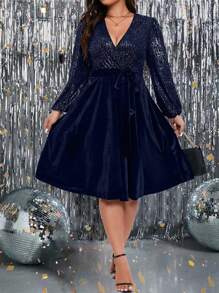 SHEIN Clasi 大尺碼天鵝絨連身裙,裹領燈籠袖亮片裝飾 - 藏蓝色 - 查看 1