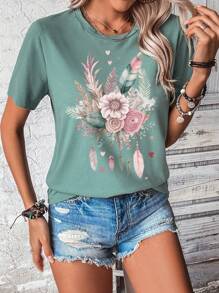 SHEIN LUNE Casual Floral Print Round Neck Short Sleeve Fitted Ladies T-Shirt, Summer Suitable For Going Out