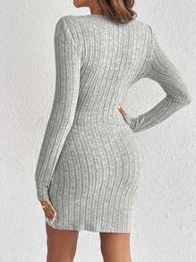 SHEIN Frenchy 純色褶皺長袖緊身連衣裙 - 灰色 - 查看 2