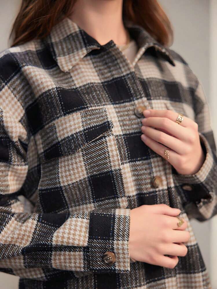 Chaqueta Casual A Cuadros Estilo Camisa Con Bolsillo Volteado