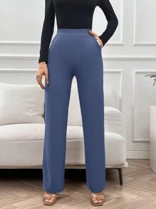 SHEIN Tall Ladies' Solid Colored Straight-Legged Pants With Patch Details - Dusty Blue - View 4