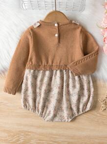 SHEIN Vintaside Kids 寶寶女孩荷葉邊植物圖案毛衣連體褲