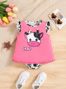 SHEIN Baby Girls' Casual Cow Print Cap Sleeve Bodysuit With Open Crotch - Pink - View 1