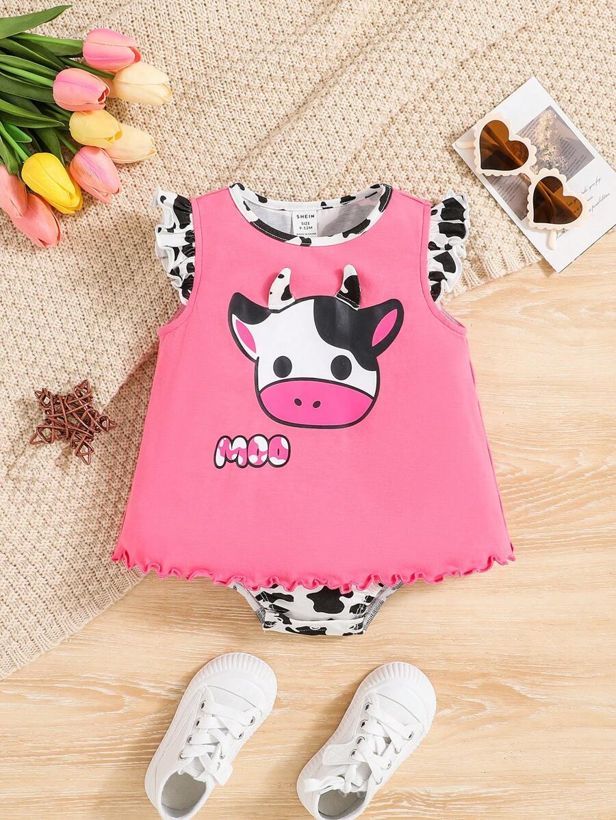 SHEIN Baby Girls' Casual Cow Print Cap Sleeve Bodysuit With Open Crotch - Pink - View 1