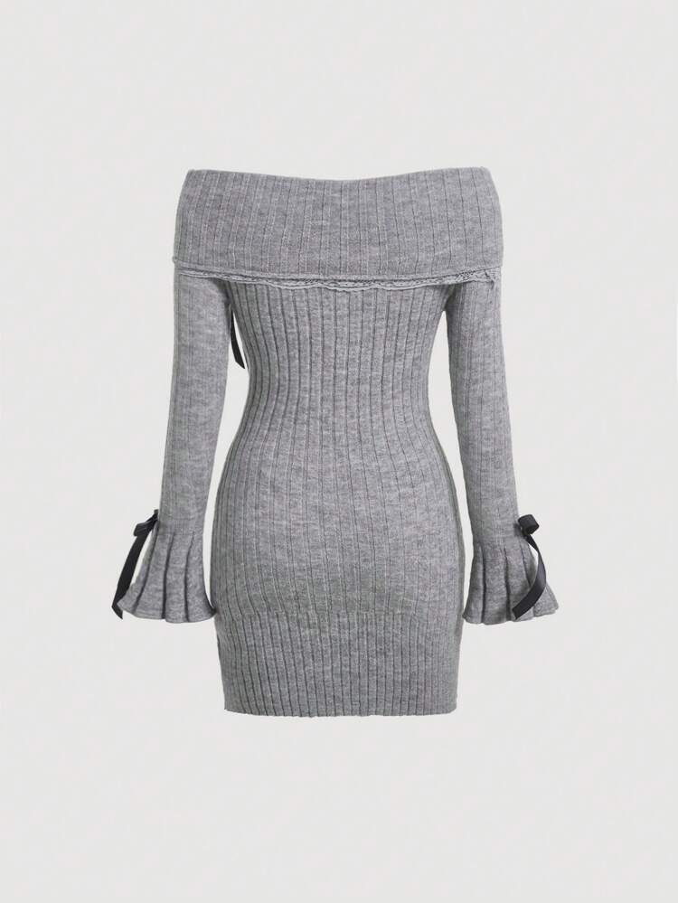 Solid Color Bow Knot Decor Off Shoulder Slim Fit Sweater Dress