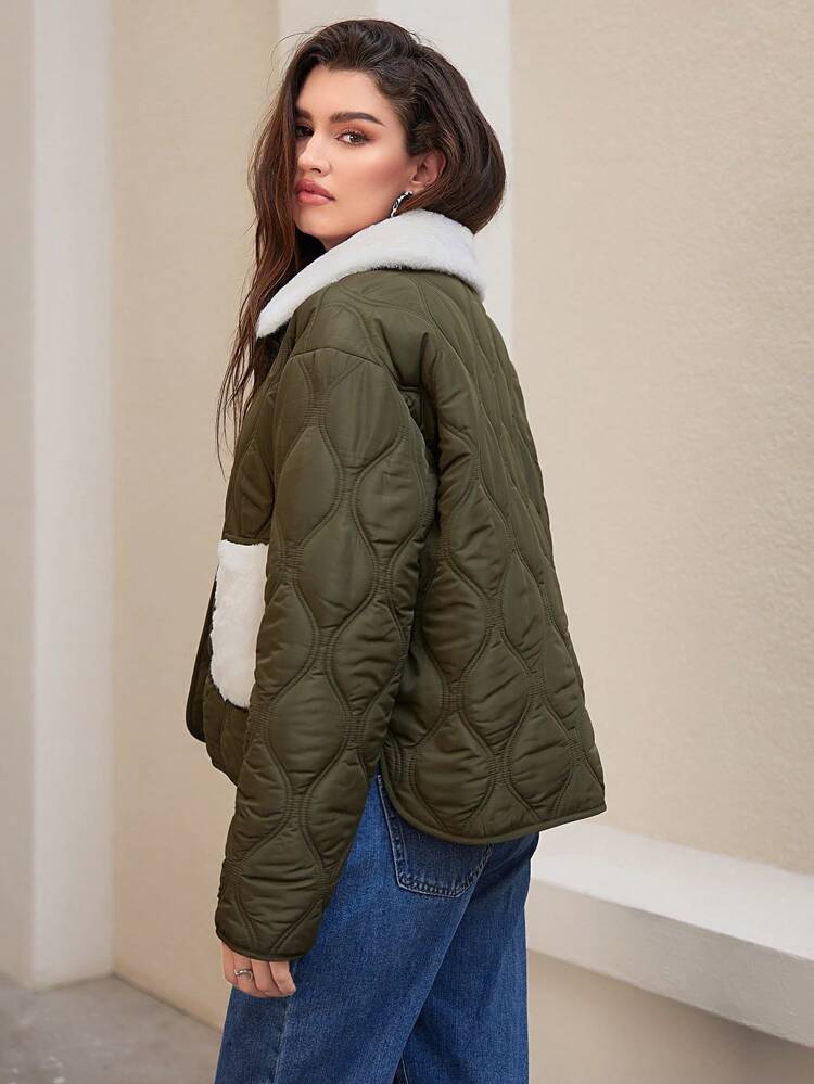 Fuzzy Collar And Pocket Quilted Puffer Jacket Fall Cloth For Women