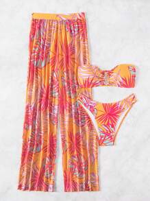 Tropical Print Strapless Bikini Set With Beach Pants Carnival - Multicolor - View 5