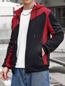 Manfinity Homme Nam màu trơn Dây kéo Hoodie Với Tương phản Màu sắc Thiết kế - Đỏ - Xem 6