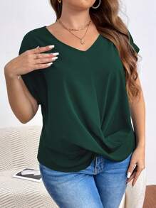 SHEIN Frenchy Plus Size Women's Twist Knot Hem Batwing Short Sleeve V Neck Green Blouse