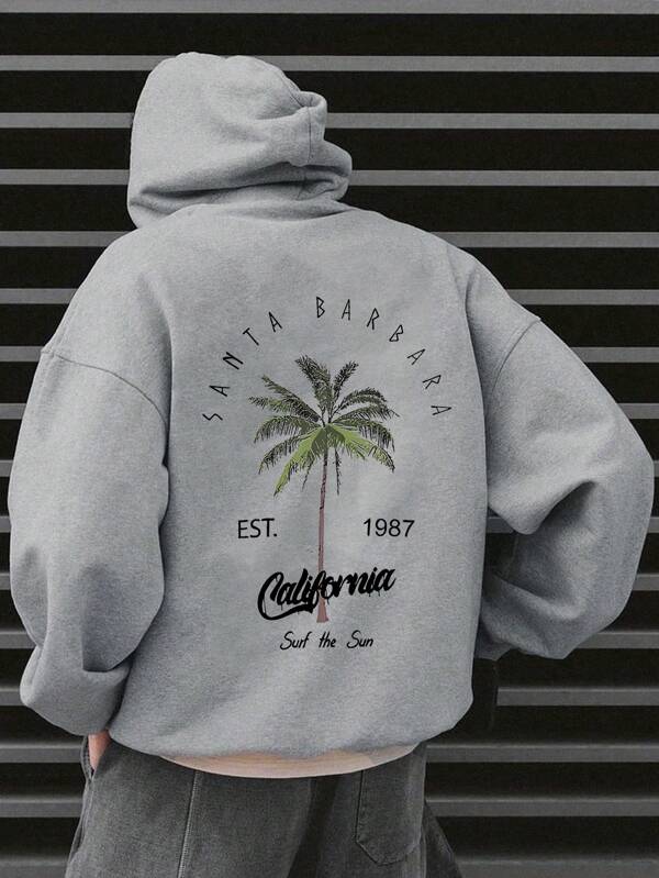 Men's Casual Street Style Coconut Tree Print Pocket Drawstring Hoodie Sweatshirt, Back To School, Autumn/Winter