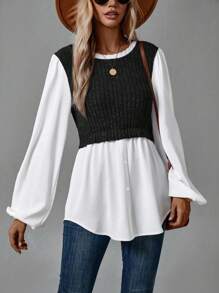 SHEIN LUNE 對比色燈籠袖兩件式上衣 - 黑色 - 查看 4