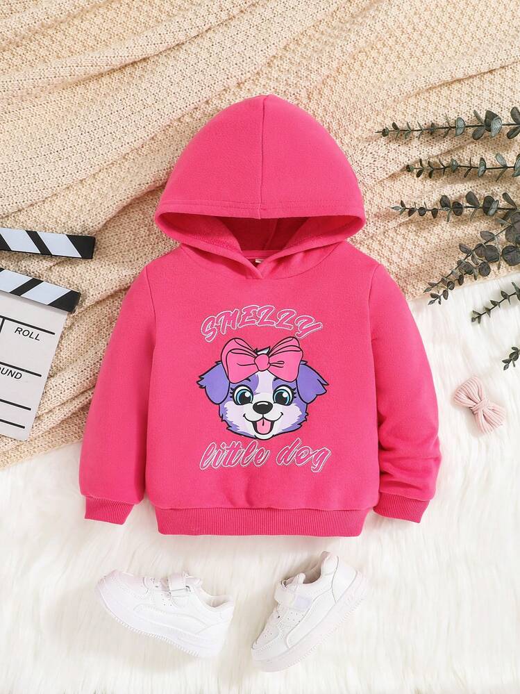 SHEIN Baby Girls Cute Pink Hooded Long Sleeve Sweatshirt With Dog Print SHEIN