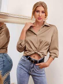 BizChic Drop Shoulder Satin Shirt Workwear - Khaki - View 5