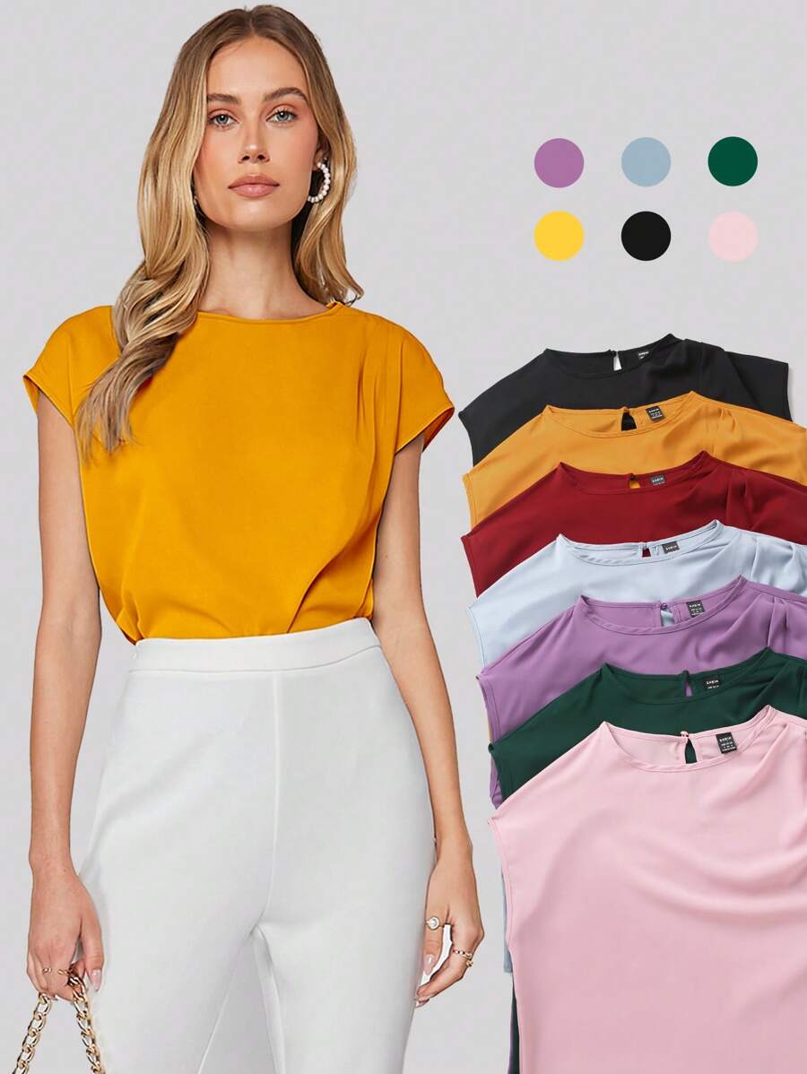 BizChic Women's Round Neck Cap Sleeve Urban Commute Basic Simple Elegant Fashionable Business Casual Outfit, Suitable For Teachers And Office Wear, Autumn