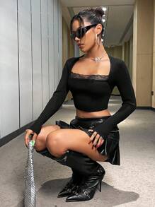 SHEIN Unity Women's Contrast Lace Ribbed Knit Pullover Fall Winter Sweater - Black - View 6