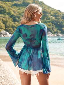 SHEIN VCAY 度假風格v領漸層染色女性上衣 - 綠色 - 查看 2