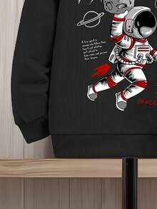 年轻男孩休闲太空男孩设计连帽运动衫和运动裤套装印有品牌口号，适合秋冬季 - 黑色 - 查看 5