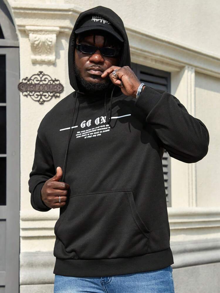 Men's Plus Size Slogan Printed Kangaroo Pocket Drawstring Hoodie