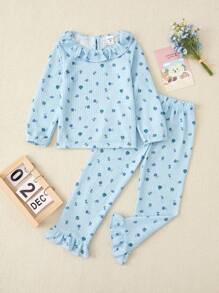 年轻女孩碎花图案休闲家居服套装 - 藍色 - 查看 1