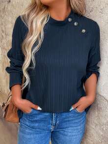 SHEIN LUNE Plus Size Button Decoration Long Sleeve Casual Top - Navy Blue - View 3