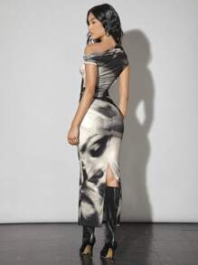 SHEIN BAE Solid Retro Portrait Mesh Print Asymmetrical Neck Top And Low-Rise Slim Skirt - Multicolor - View 2