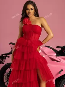 Women's Oblique Shoulder 3D Cake Style Mesh Flare Dress High Slit Evening Dress