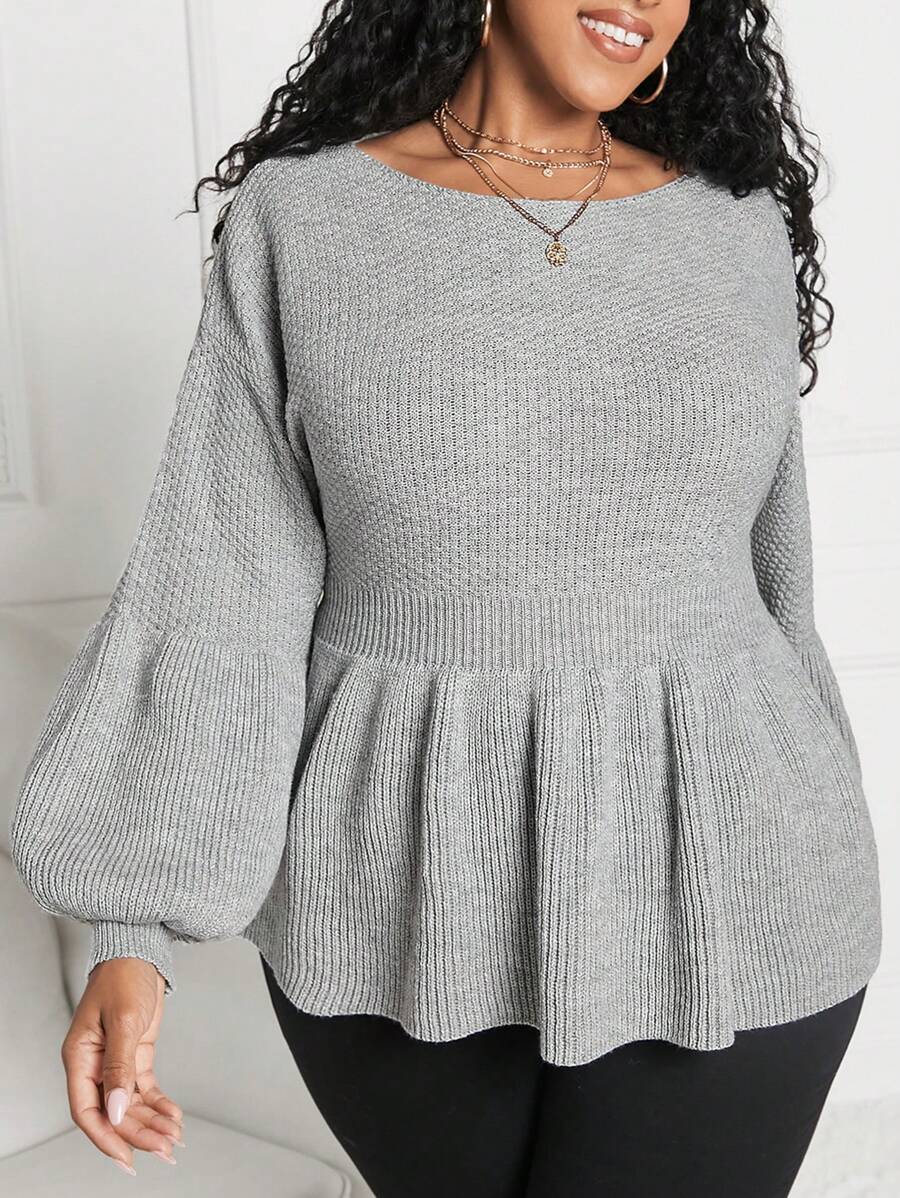 SHEIN CURVE+ 女士大尺碼圓領純色荷葉邊毛衣 - 灰色 - 查看 1