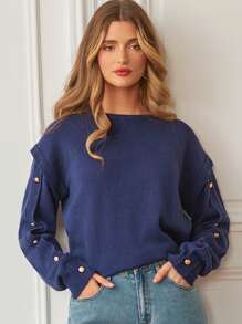 SHEIN Frenchy Casual Pullover Sweater With Metal Button Embellished Sleeves - Navy Blue - View 5