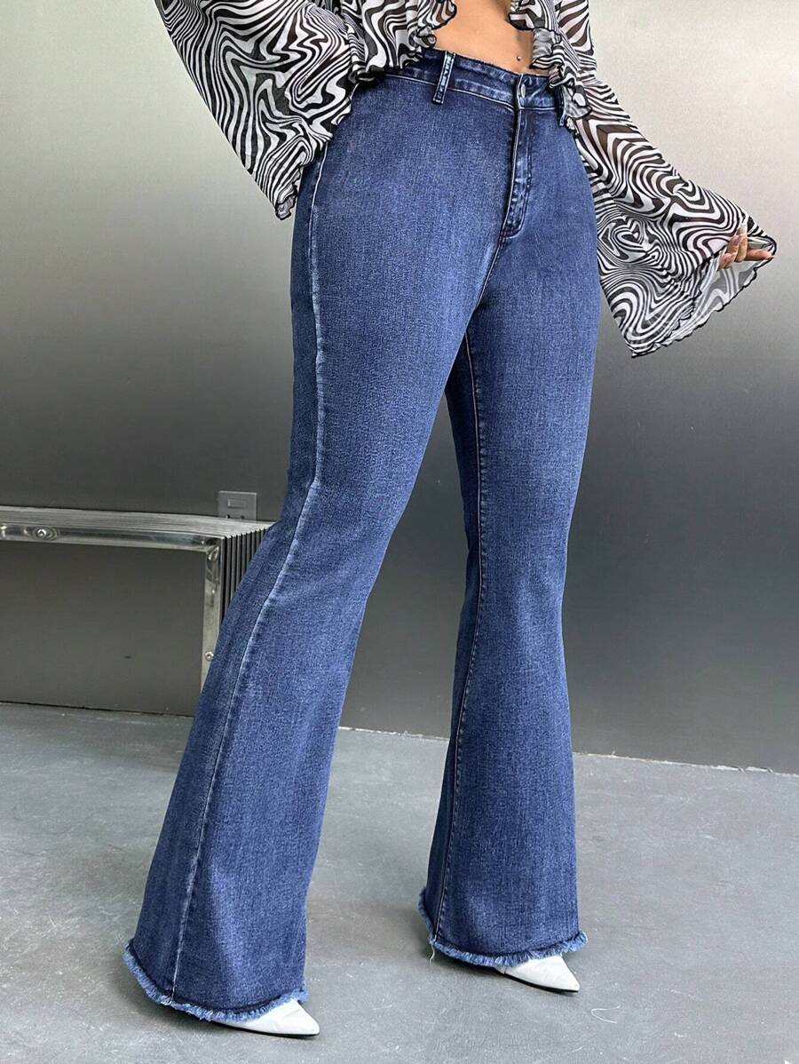 SHEIN ICON Plus Size Women's Flare Jeans, Fall Women Clothes - Blue - View 1