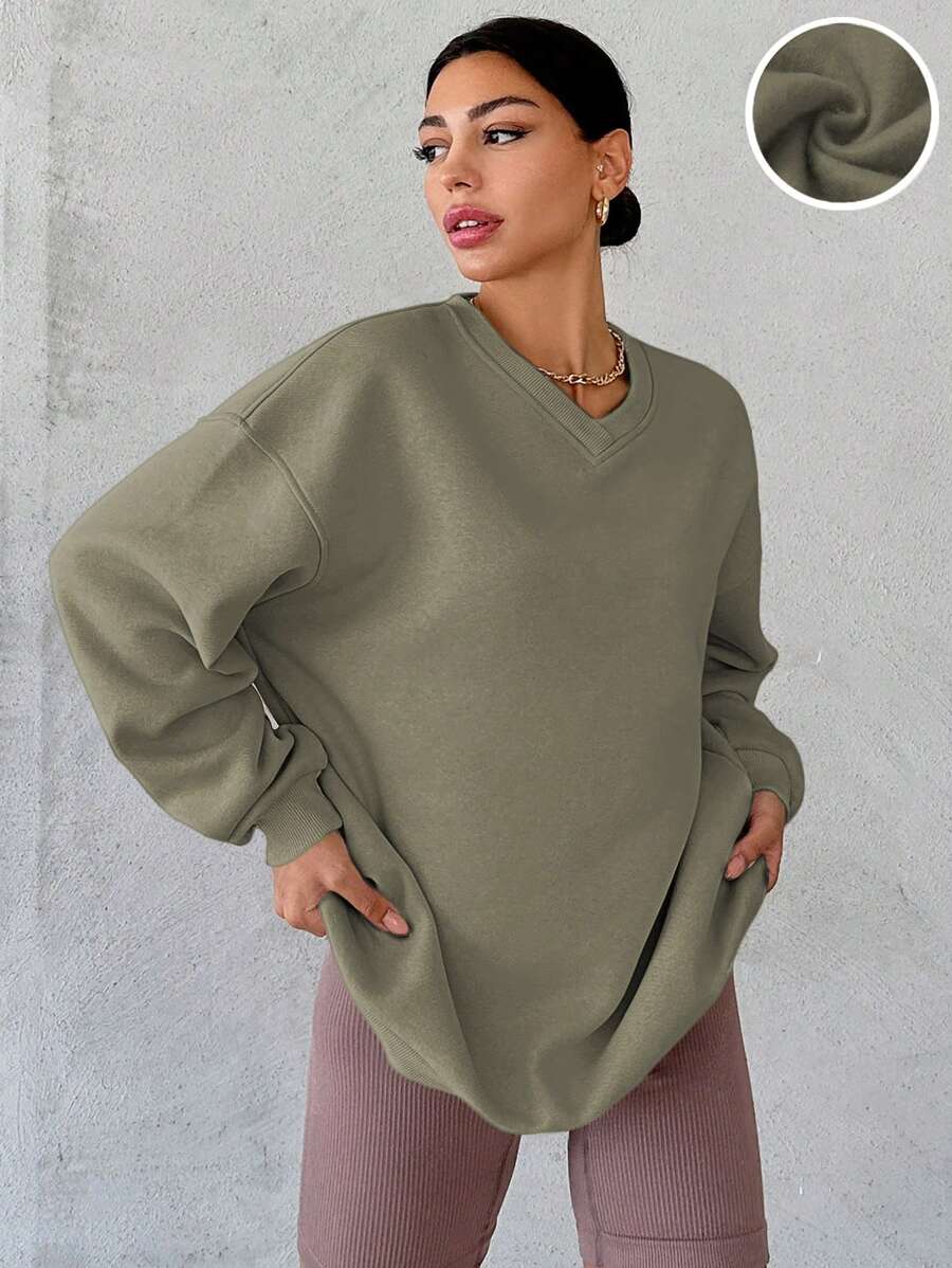 EURMUSE V-neck Dropped Shoulder Sleeves Thermal Lined Sweatshirt - Army Green - View 1