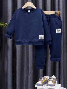 SHEIN 青少年男孩休閒運動貼花套裝（兩件組） - 寶藍色 - 查看 3