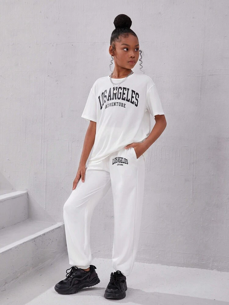 Girls' Casual Street Style Knitted Round Neck Short Sleeve Top With Elastic Waistband Pants