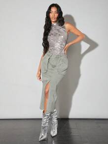 SHEIN BAE Nóng Màu bạc Lưới Nhuộm buộc Đau khổ Đã thu thập Áo liền quần chặt - Xám - Xem 6