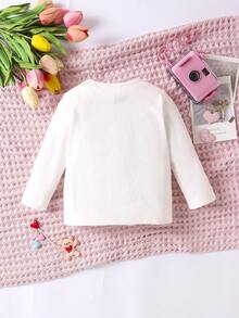 嬰兒女孩日常穿著的字母印花長袖衫,配有牛圖案,適合春秋季節 - 白色 - 查看 2