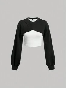SHEIN MOD 女士顏色拼接落肩長袖運動衫 - 黑與白 - 查看 1
