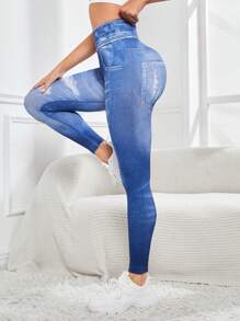 Gameset SHEIN Sport Jeans-look Gym Leggings - Blue - View 3