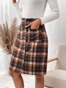 SHEIN LUNE Plaid Skirt With Patch Pockets - Multicolor - View 4