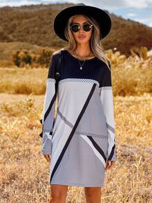 SHEIN LUNE Geometric Print Round Neck Long Sleeve Casual Dress - Multicolor - View 6