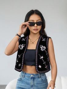 Aveloria Beaded Embroidery Vest Jacket - Black - View 6