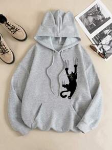 SHEIN LUNE 女士猫咪印花 3D 耳朵装饰保暖内衬连帽衫 - 淺灰色 - 查看 1
