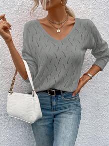 SHEIN LUNE Màu thuần Áo len dệt kim Với nút Đồ trang trí Trở lại - Xám - Xem 6
